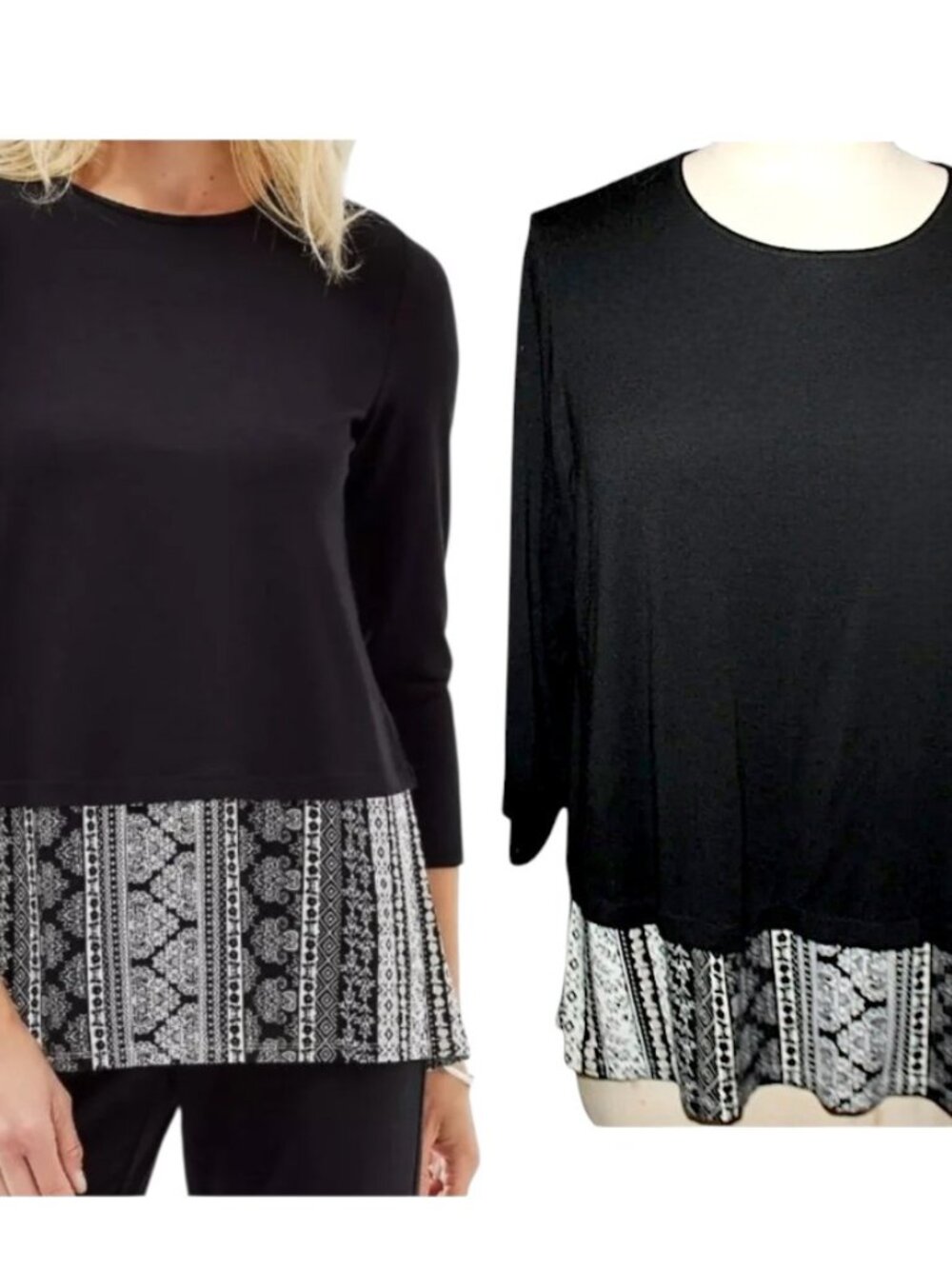 JJILL Wearever Collection Black White Geometric Layered Top LP 3/4 Sleeve Blouse